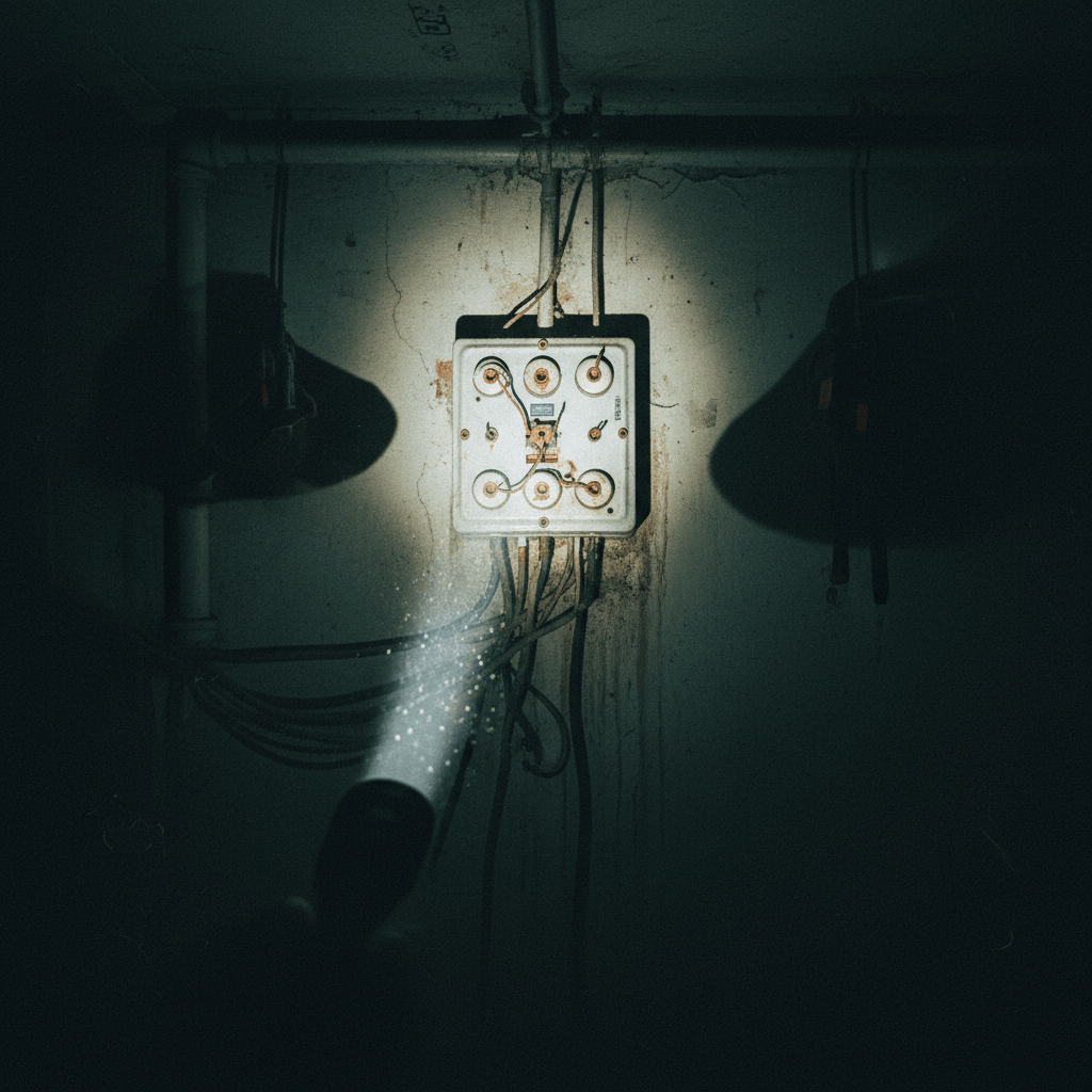 Fachkraft arbeitet mit Stirnlampe vor einem geöffneten Sicherungskasten in einem Treppenhaus, Messgerät hängt am Tragegurt
