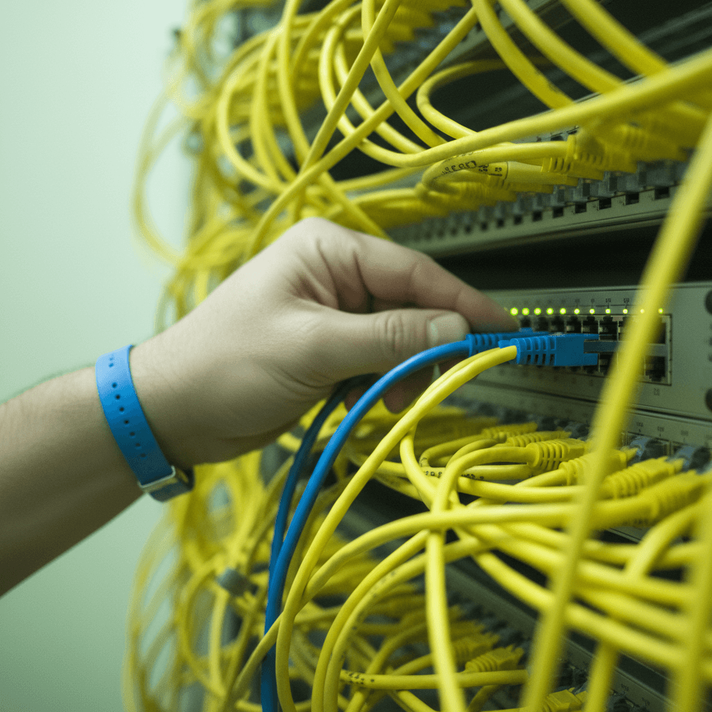 Netzwerkschrank mit aufgelegten Kabeln, ein Techniker steckt ein Prüfgerät an eine RJ45-Dose