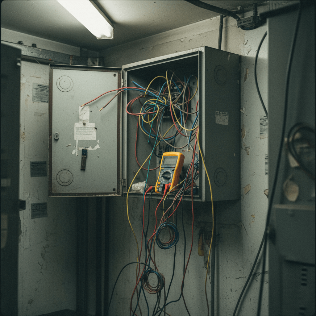 Techniker führt E-Check Messungen an einem Schaltschrank durch