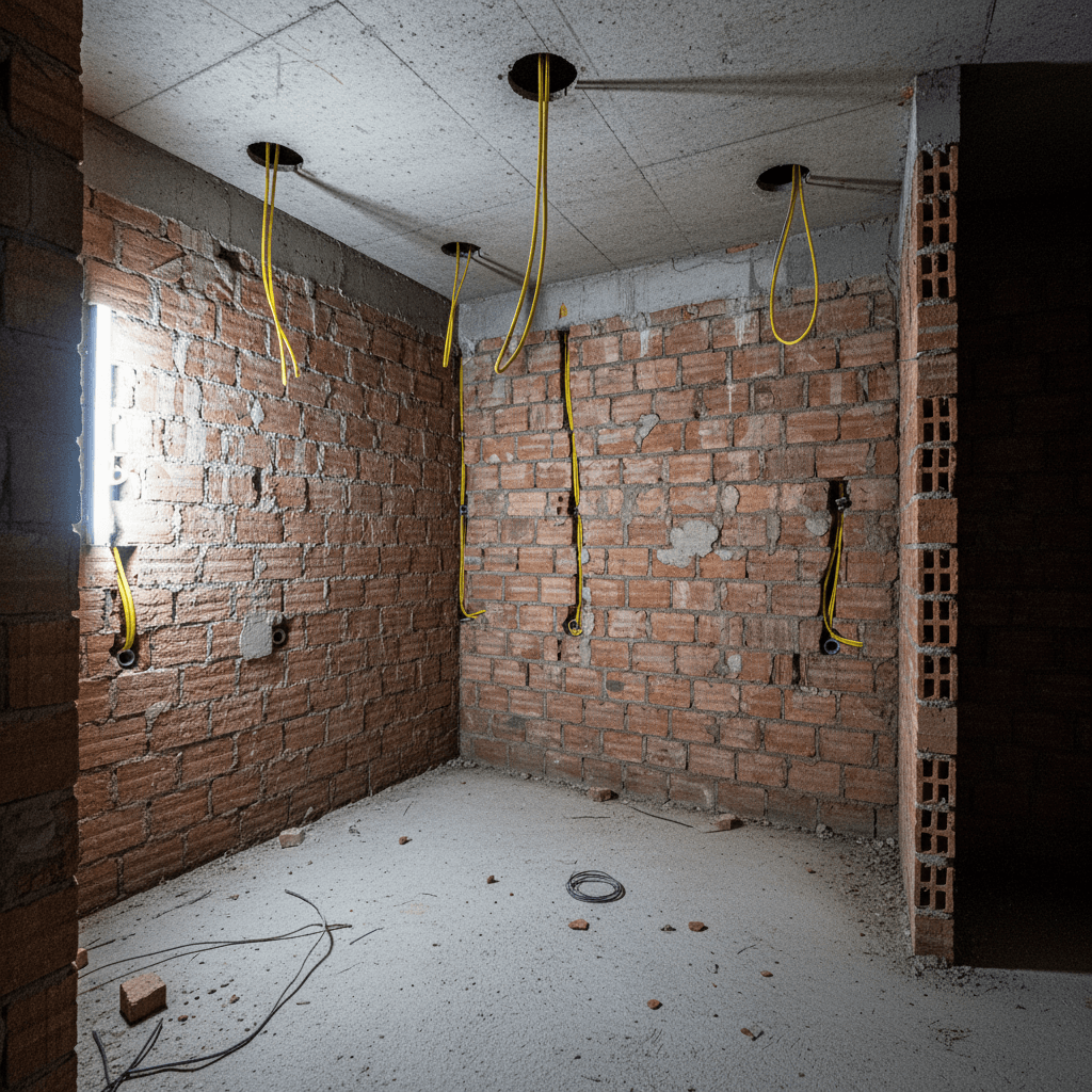 Rohbauflur mit markierten Dosenöffnungen, Installationsrohre sind in die Wand eingeführt
